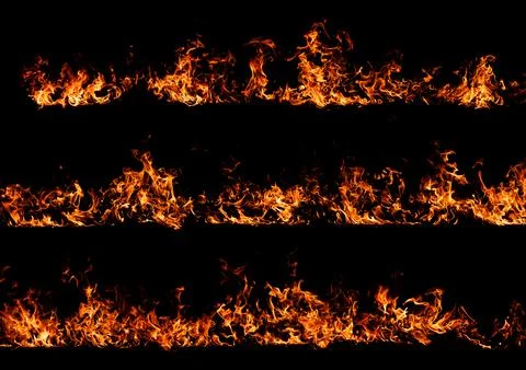 Horizontal fire line burning on black background. Fire border with heat. Dy.. Stock Photos