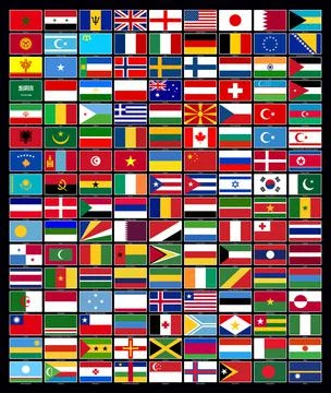 A horizontal flag set with the national flags of 144 countries. Vector Stock Illustration