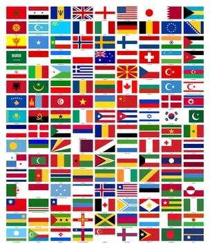 A horizontal flag set with the national flags of 144 countries. Vector Stock Illustration
