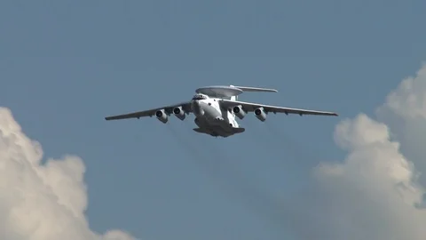 Horizontal flight of the Russian AWACS A-50 LISKA aircraft (NATO: Mainstay). Stock Footage 116318413