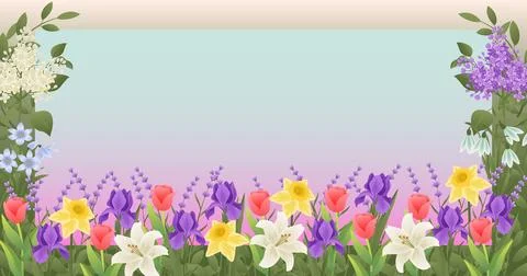 Horizontal floral frame with spring garden flowers Stock Illustration