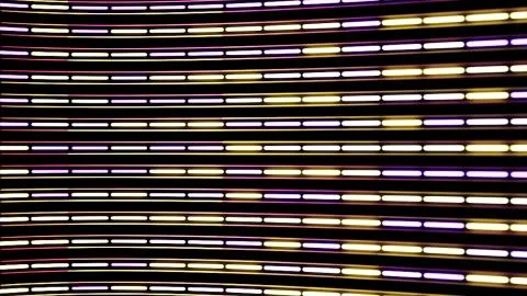 Horizontal flow of abstract neon lines of purple and yellow colors with camera Stock Illustration