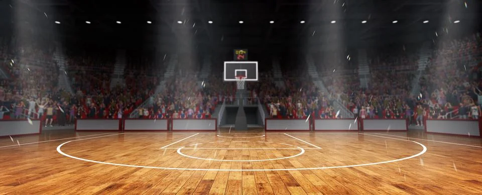 Horizontal flyer, poster with empty basketball court. Sport arena. 3d render Stock Illustration