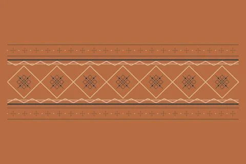 A horizontal folk-inspired textile design combines terracotta, cream, and c.. Stock Illustration