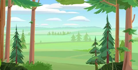 Horizontal forest view of spacious rural fields. Cute funny floral green Stock Illustration
