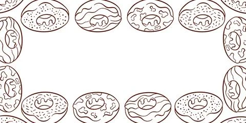 Horizontal frame with assorted donut on a white background in line art style. Stock Illustration