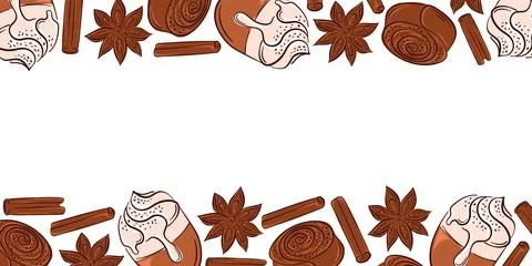 Horizontal frame with cinnamon roll cupcake, star anise, coffee mug and sticks Stock Illustration