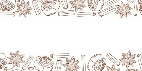 Horizontal frame with cinnamon roll cupcake, star anise and sticks in line art Stock Illustration