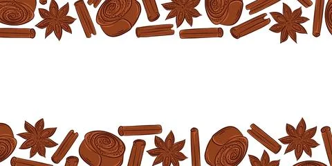 Horizontal frame with cinnamon roll cupcake, star anise and sticks in flat style Stock Illustration