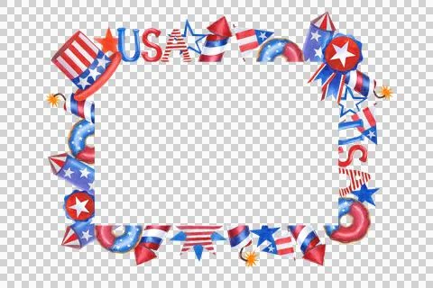 Horizontal frame for Independence Day with a flag, fireworks. Hand drawn 库存插图