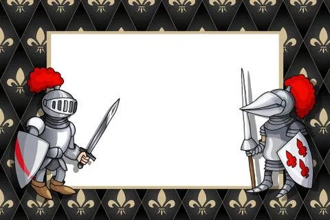 Horizontal Frame with knight with sword and shield on the medieval background Stockillustratie