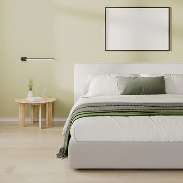 Horizontal frame mock up above bed in bedroom interior in light green tone, 3 Stock Illustration