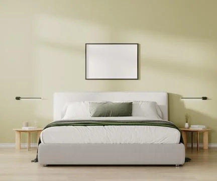Horizontal frame mock up above bed in bedroom interior in light green tone, 3 Stock Illustration