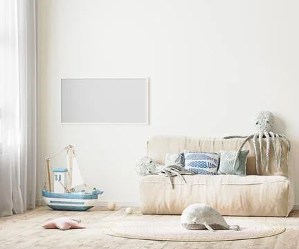 Horizontal frame mock up in children's room interior with bed and soft toys,  Stock Illustration