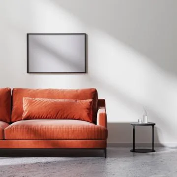 Horizontal frame mock up with red sofa, black coffee table with white empty w Stock Illustration