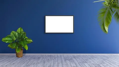 A horizontal frame mockup on a blue wall with green leaf plants 3d render Stock Illustration