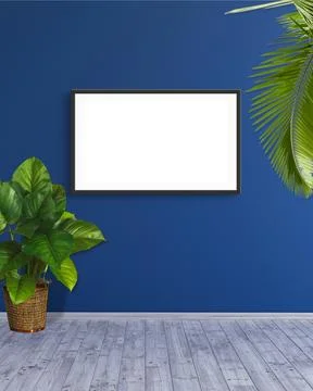 A horizontal frame mockup on a blue wall with green leaf plants 3d render Illustrazione stock