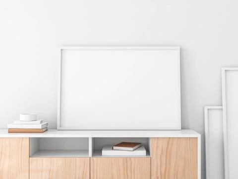 Horizontal frame Mockup on bureau, 3d rendering Illustrazione stock