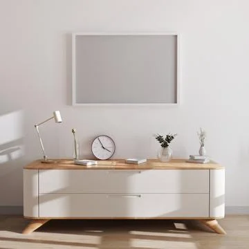 Horizontal frame mockup in modern interior background. Empty frames above whi Foto stock