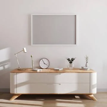 Horizontal frame mockup in modern interior background. Empty frames above ... Stock Photos