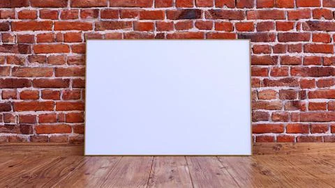 Horizontal frame mockup on a red brick wall with wooden floor. Stock-Illustration