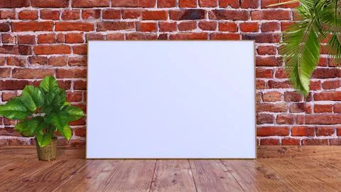 A horizontal frame mockup on red brick wall with wooden floor, palm leaves and Stock Illustration