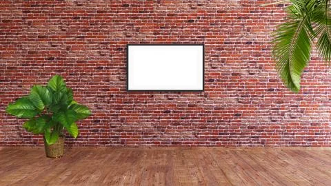 A horizontal frame mockup on red brick wall with wooden floor, palm leaves and Stock Illustration