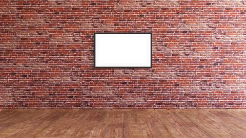 A horizontal frame mockup on a red brick wall with wooden floor 3d rendering Illustrazione stock