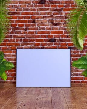 A horizontal frame mockup on red brick wall with wooden floor, palm leaves and Stock Illustration