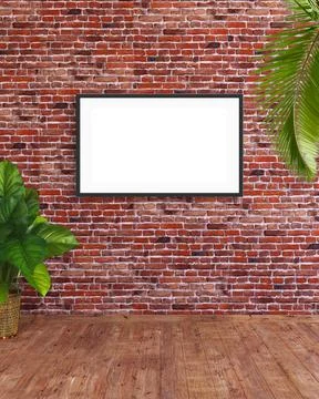 A horizontal frame mockup on red brick wall with wooden floor, palm leaves and Stock Illustration