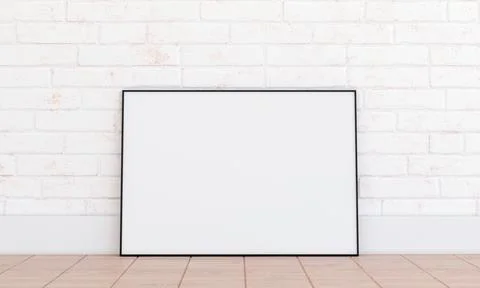Horizontal frame mockup on white brickwall. Black thin metal frame mock up, 3d Stock Illustration