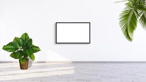 A horizontal frame mockup on a white wall with green leaf plants 3d rendering Stock Illustration