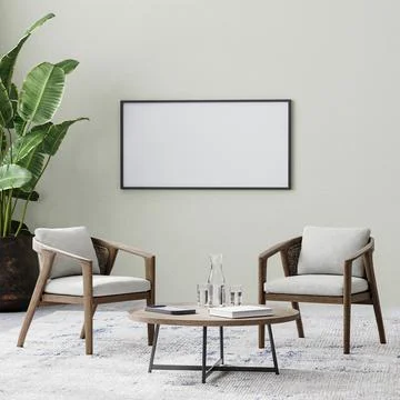 Horizontal frame in room with two chairs and coffee table on rug, tropical pl Stock Illustration