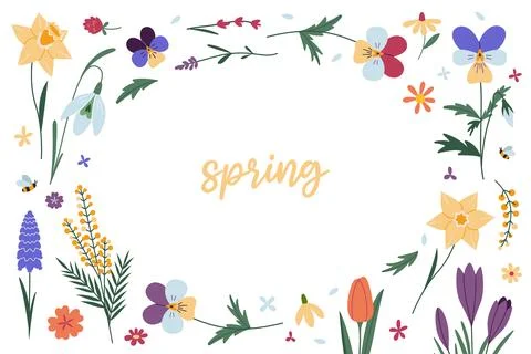 Horizontal frame with various spring flowers and space for text. Floral Stock Illustration