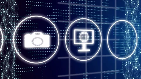 Horizontal glowing UI icon row sliding left triggered by right-edge pulse Stock Footage 334788396