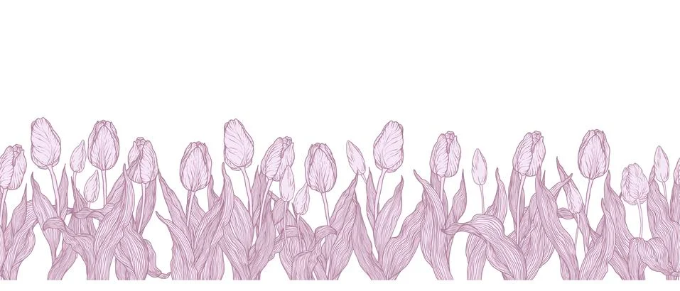 Horizontal graphic vector seamless line pattern with flowers Stock Illustration