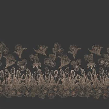 Horizontal graphic vector seamless line pattern with flowers Stock Illustration