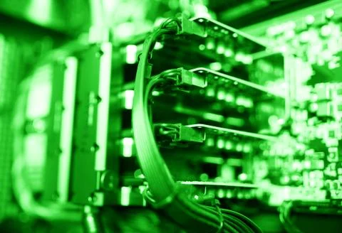 Horizontal green gpu quad sli video card bokeh background Stock Photos