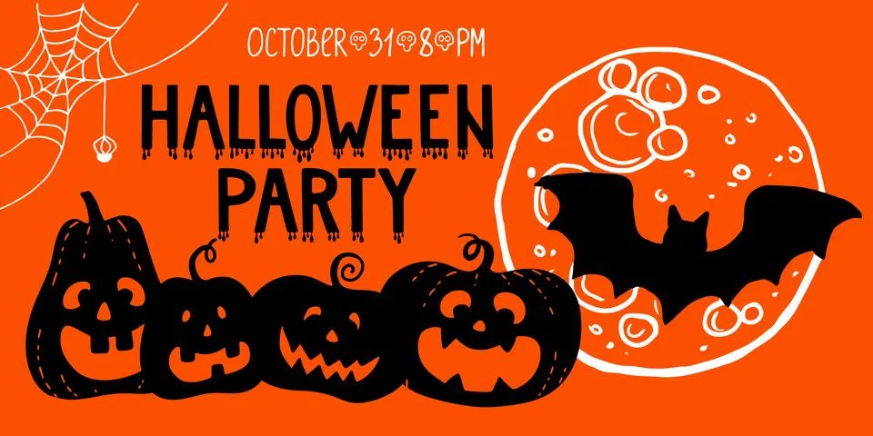 Horizontal halloween banner web template. Hand drawn smiling scary pumpkin black Stock Illustration