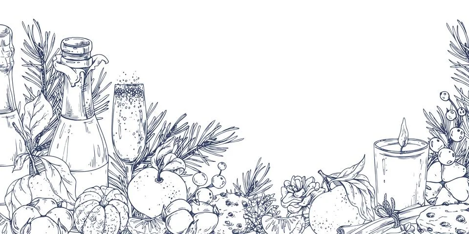 Horizontal hand drawn line art graphic illustration features a Christmas frame Stock Illustration