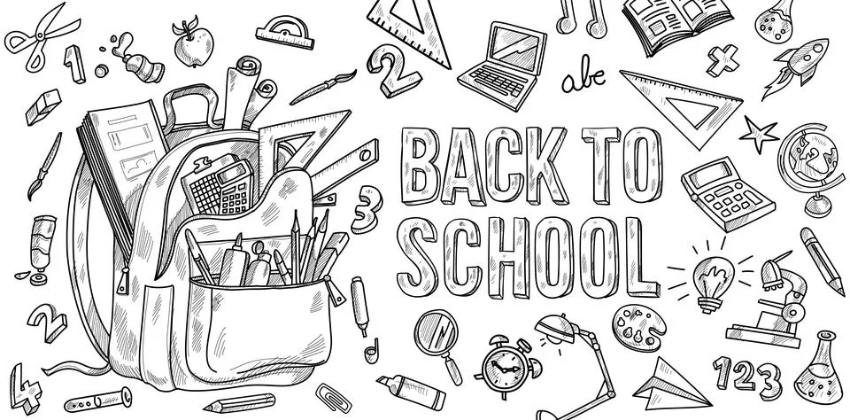 Horizontal Hand Drawn Vector Illustration of a School Backpack with Various.. Illustrazione stock
