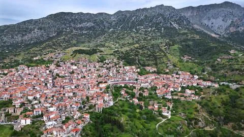 Horizontal High Angle Aerial Panorama of Arachova Mountain Town Greece Stock Photos