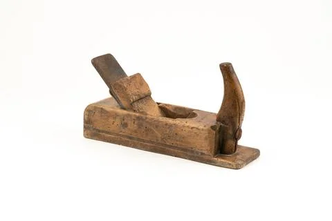 Horizontal high angle angle studio shot of small vintage wood planer isolated on Stock Photos