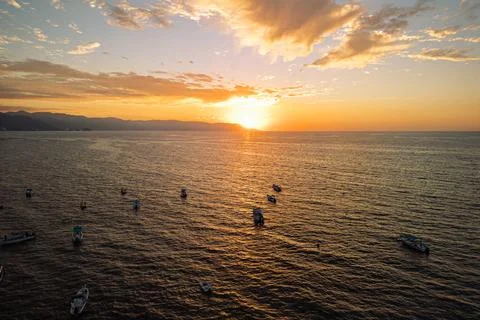 Horizontal idyllic sunset view as seen from an aerial view near Los Muertos.. Stock Photos