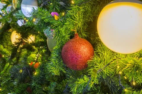 Horizontal image close up and selective focus red wrinkle Cristmas ball hangi Stock Photos