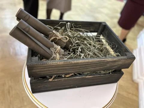 Horizontal image with gray scrolls with predictions made of aged paper wrap.. 스톡 사진