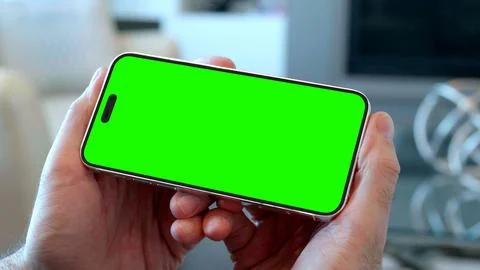 Horizontal iPhone Pro Landscape Mode, Two Hands Holding Large Smartphone Screen Stock Photos