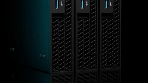 Horizontal ISP server rack array with blue illumination on black Illustrazione stock