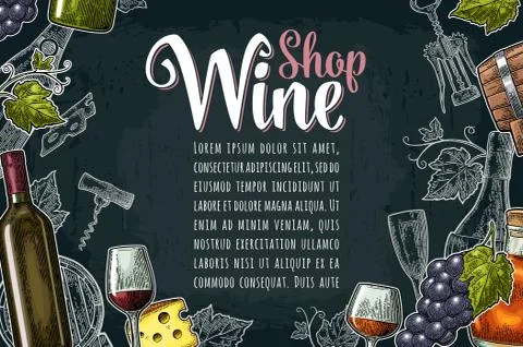 Horizontal label or poster. Wine Shop lettering. Vector vintage engraving Stock Illustration