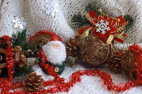 Horizontal large view of New Year's toys, Santa Claus Stock Photos